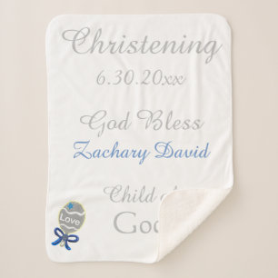 Christening Baby Boy Blue Rattle Medium Sherpa Blanket
