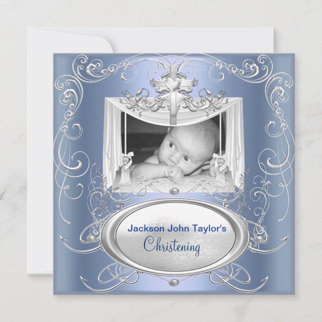Christening Baptism Baby Boy Silver Blue Cross Invitation (Front)