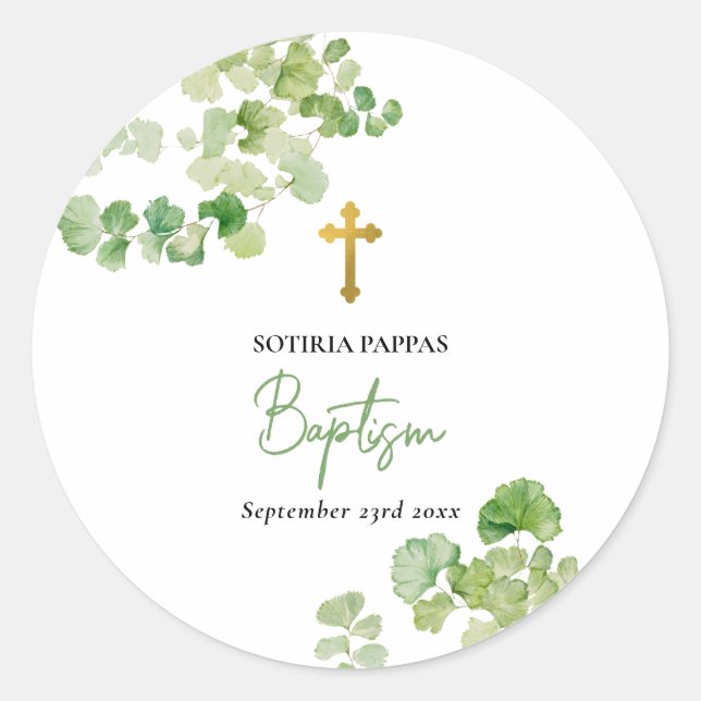 Christening Baptism Boy Girl Watercolor Greenery Classic Round Sticker (Front)