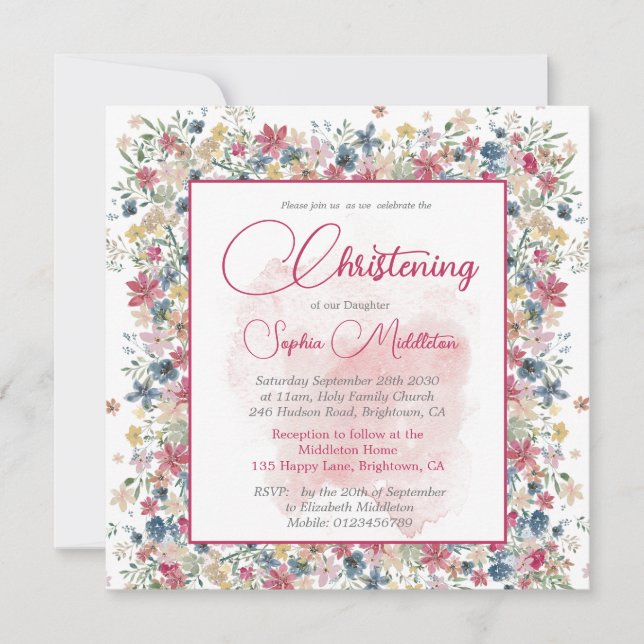 Christening Baptism Floral Burgundy Cross Invitation (Front)