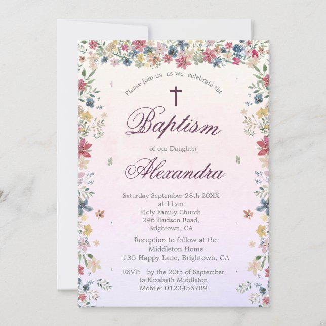 Christening Baptism  Pink Floral Flowers Girls Invitation (Front)