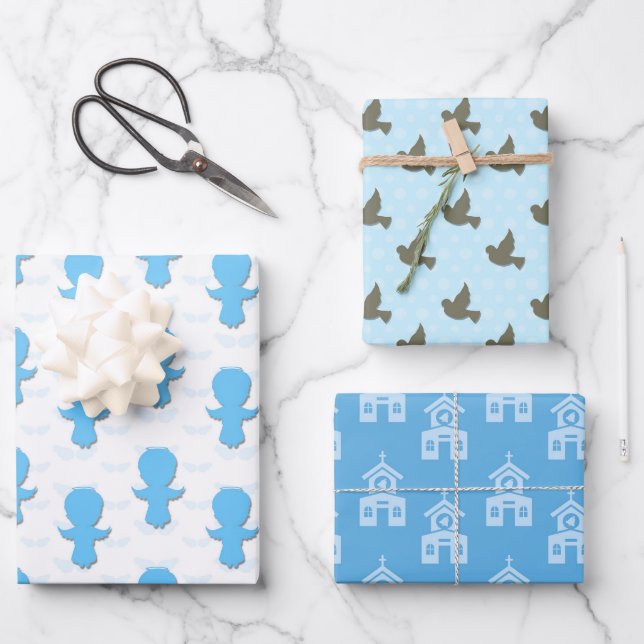 Christening Blue Dove Angel Church Wrapping Paper Sheet (Front)