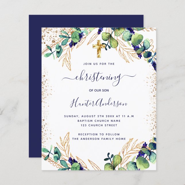 Christening blue eucalyptus greenery invitation (Front/Back)