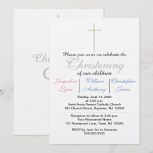 Christening Blue Pink Triplets Invitation