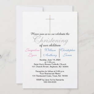 Christening Blue Pink Triplets Invitation