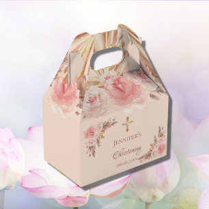 Christening blush floral pampas grass cross favor box