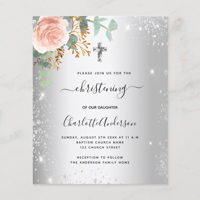 Christening blush floral silver sparkle invitation (Front)