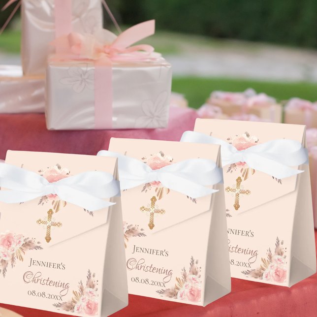 Christening blush pink floral pampas grass rose favor box (Creator Uploaded)