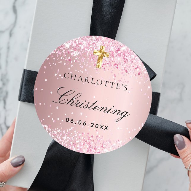 Christening blush pink glitter sparkles girl classic round sticker (Creator Uploaded)