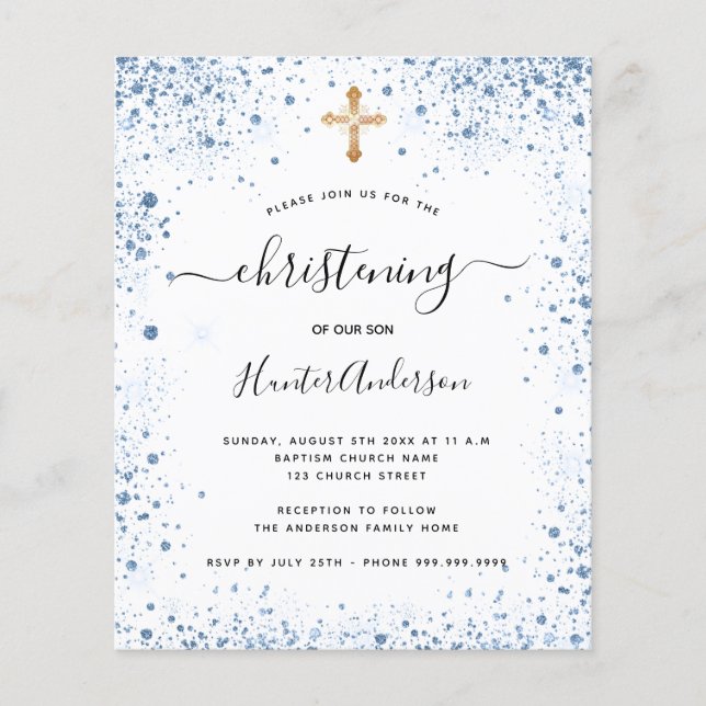 Christening boy blue white budget invitation flyer (Front)