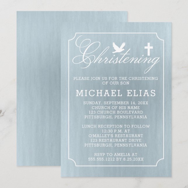 Christening | Boy Dove and Cross Blue Watercolor Invitation (Front/Back)