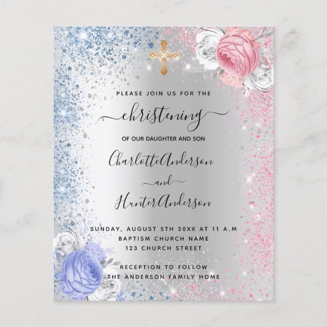 Christening boy girl blue pink silver invitation (Front)