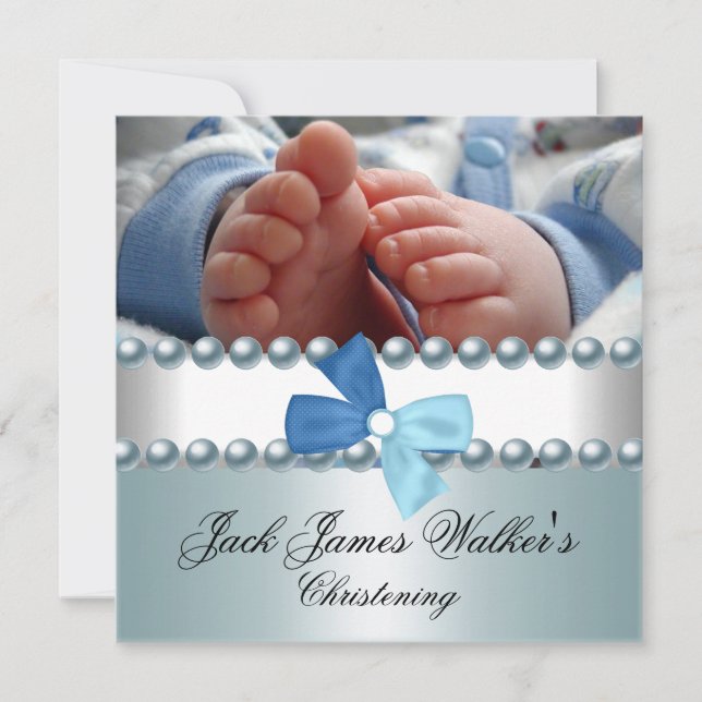 Christening Boy White Blue Pearl Bow Photo Invitation (Front)