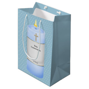 Christening candles boy * choose background colour medium gift bag