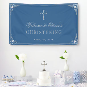 Christening Classic Blue Boy Baptism Vintage Cross Banner