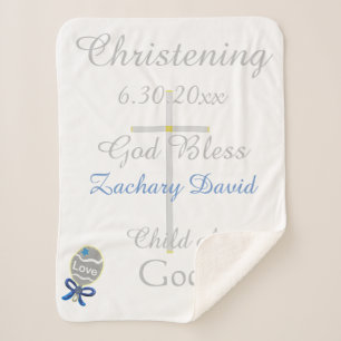 Christening Cross Boy Blue Star Rattle Medium Sherpa Blanket