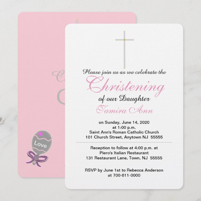 Christening Cross Daughter Pink Baby Rattle Invitation (Front/Back)