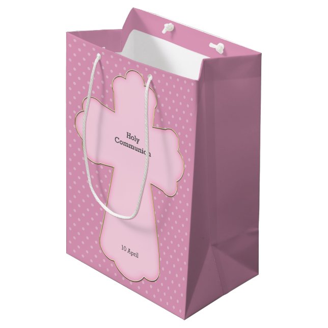 Christening cross girl * choose background colour medium gift bag (Front Angled)
