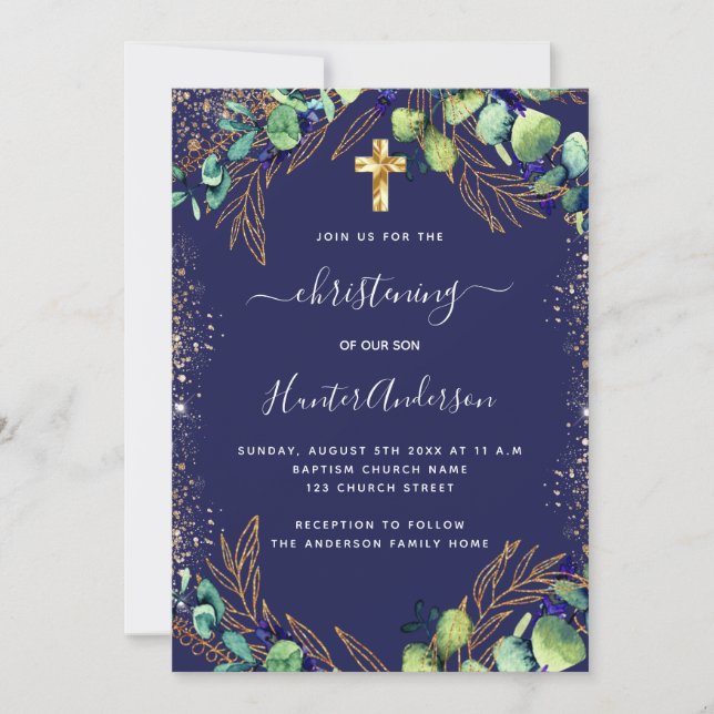 Christening eucalyptus greenery blue invitation (Front)