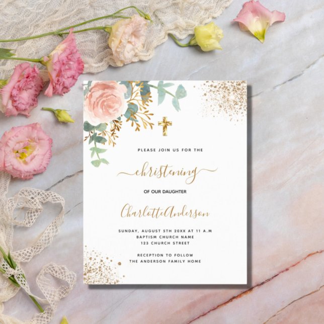 Christening eucalyptus rose gold floral invitation (Creator Uploaded)
