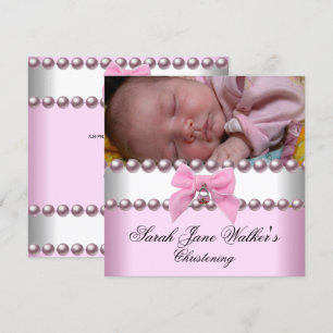 Christening Girl Pink White Pink Pearl Photo Invitation