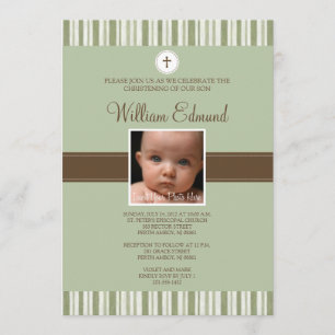 Christening Green Stripe Photo Invitation