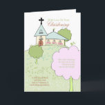 christening greeting card with little church scene<br><div class="desc">A pretty Christening card with little church/chappel trees and flowers</div>