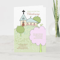 christening greeting card with little church scene