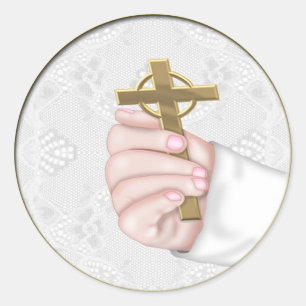 Christening Hand Cross Classic Round Sticker