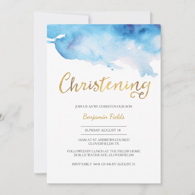 Christening invitation | blue watercolour and gold (Front)