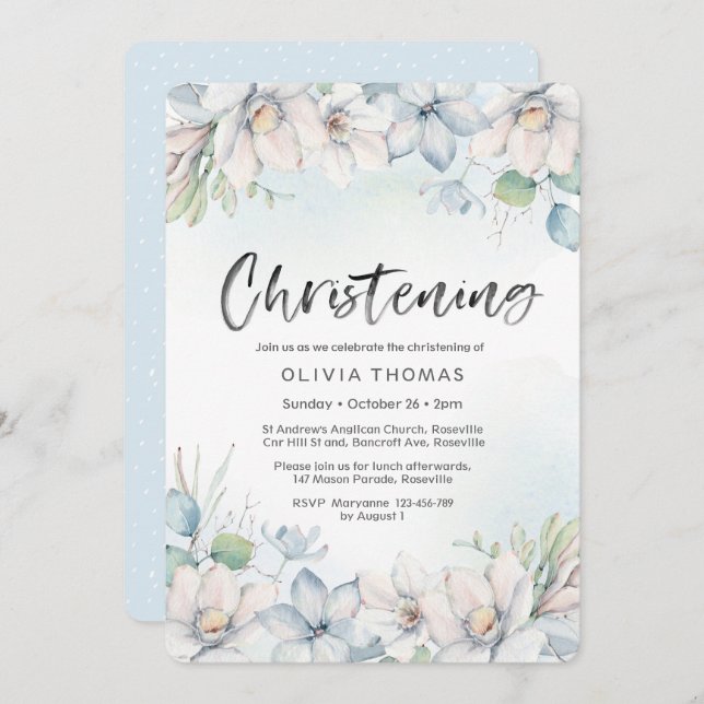 Christening Invitation | blue winter florals (Front/Back)