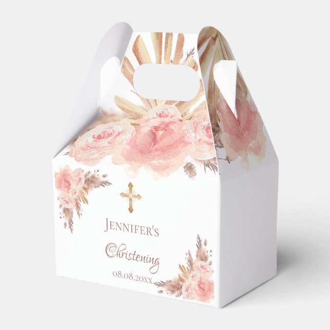 Christening pampas grass blush floral cross favor box (Front Side)