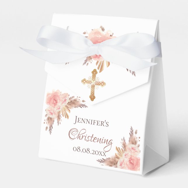 Christening pampas grass blush pink floral rose favor box (Front Side)