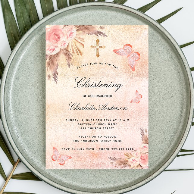 Christening pampas grass butterfly blush girl invitation (Creator Uploaded)
