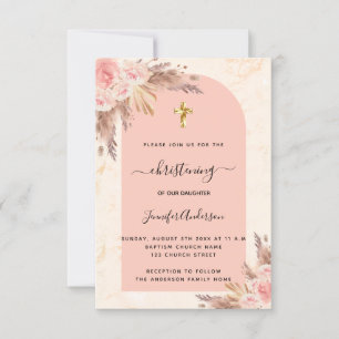 Christening pampas grass rose pink marble girl  invitation