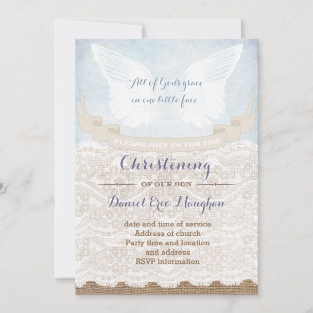 Christening Party Cards for Boy, shabby style (Front)