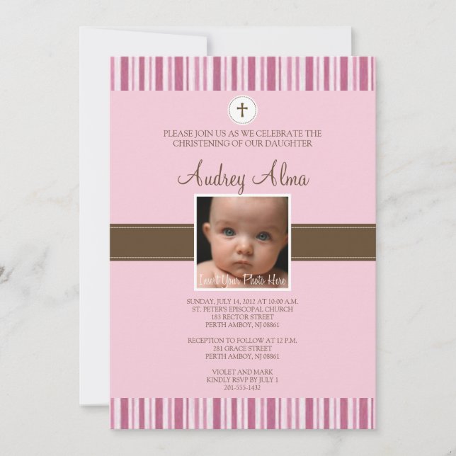 Christening Pink Stripe Photo Invitation - Girl (Front)