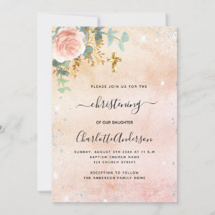 Christening rose gold floral eucalyptus silver invitation