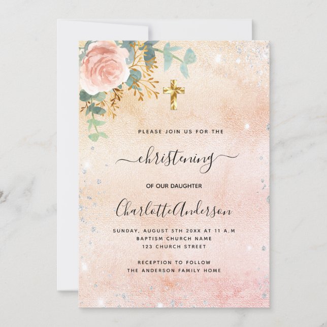 Christening rose gold floral eucalyptus silver invitation (Front)
