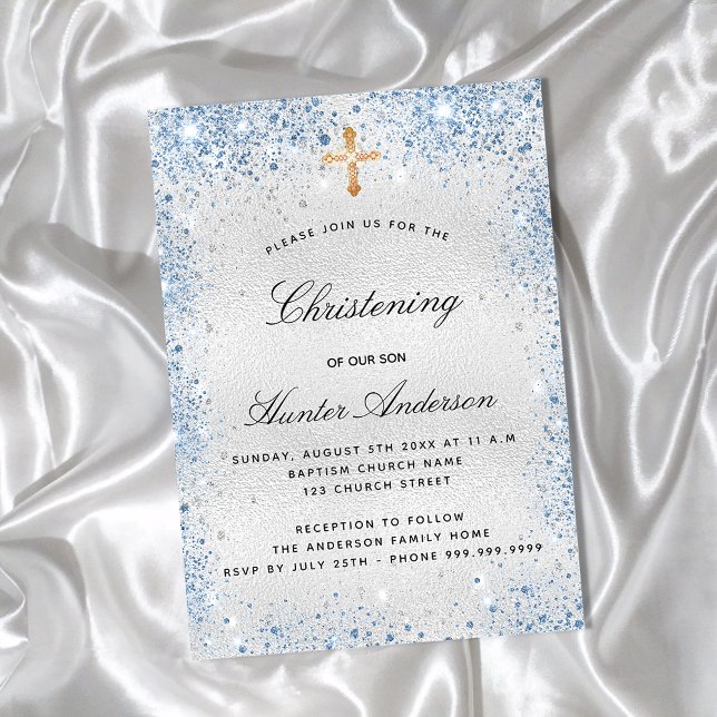 Christening silver blue boy script invitation postcard (Creator Uploaded)