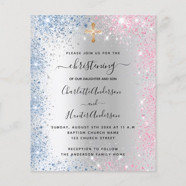 Christening silver blue pink budget invitation flyer (Front)