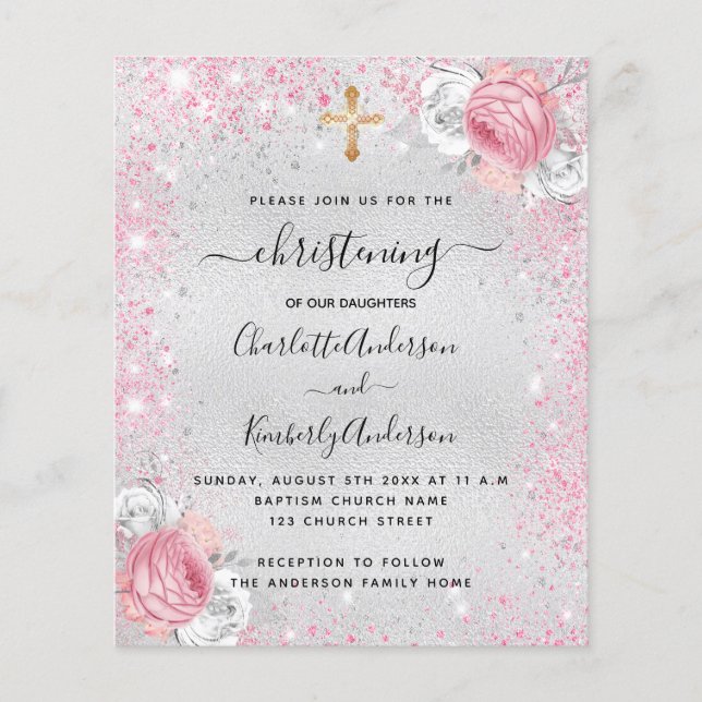 Christening silver girls twins budget invitation flyer (Front)
