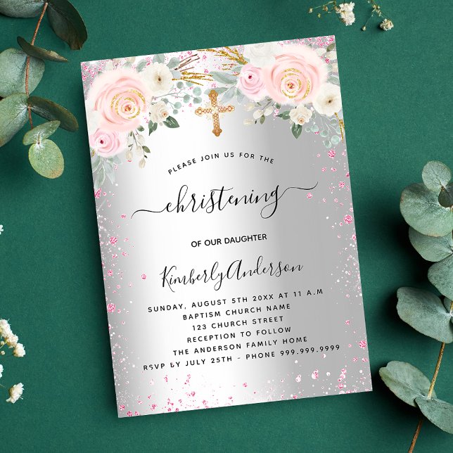 Christening silver pink florals glitter girl invitation postcard (Creator Uploaded)