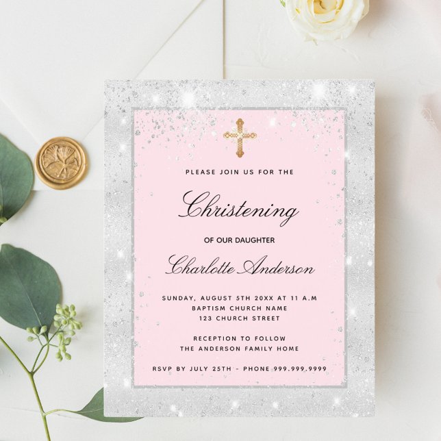 Christening silver pink girl cross invitation (Creator Uploaded)