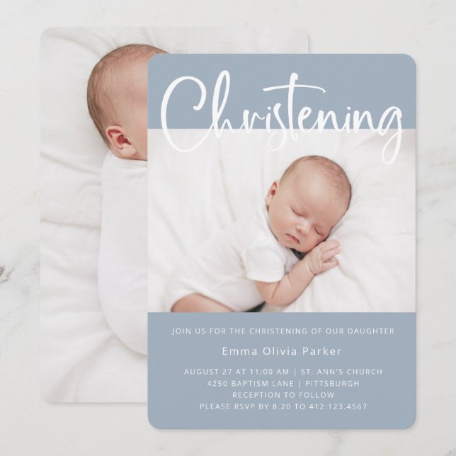 Christening | Simple Minimal Blue with Two Photos Invitation (Front/Back)