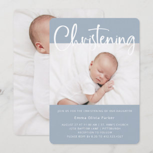 Christening Simple Minimal Blue with Two Photos Invitation