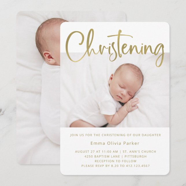 Christening | Simple Minimal Gold with Two Photos Invitation (Front/Back)