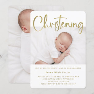 Christening   Simple Minimal Gold with Two Photos Invitation