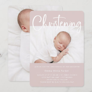 Christening Simple Minimal Pink with Two Photos Invitation