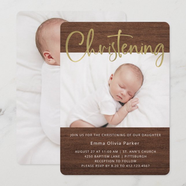 Christening | Simple Rustic and Gold Two Photos Invitation (Front/Back)